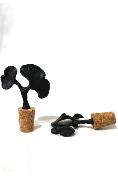 Jenisa Siyah Ginkgo Figürlü 2 Adet Mantar Tıpa - Şarap Yağdanlık Şişe - 2