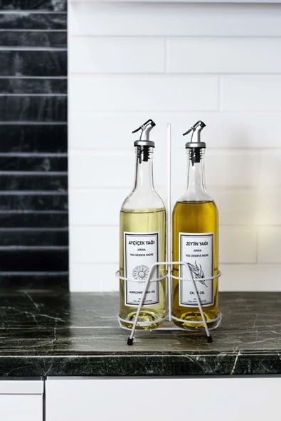 Jenisa 2 Adet Şeffaf Dibi Çukur 750 Ml Etiketli Akıtıcılı Yağlık Ve Beyaz Stant - Beyaz ürün görseli 1