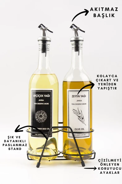 Jenisa Şeffaf 750 Ml Siyah Beyaz Etiketli Siyah Standlı Akıtıcılı Yağlık Yağdanlık - Resim 3