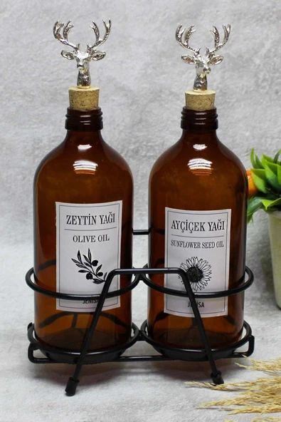Jenisa 2 Adet Amber 500 Ml Etiketli Şişe Gümüş Geyik Mantar Tıpalı Siyah Standlı Yağlık Yağdanlık ürün görseli 1