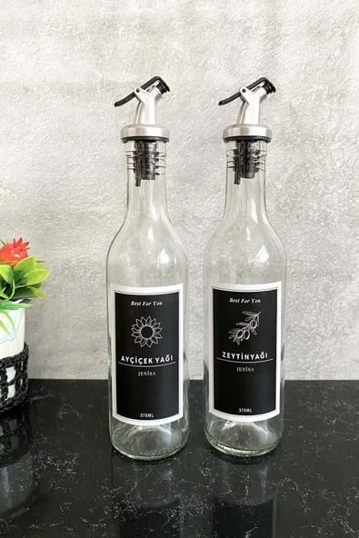 Jenisa Şeffaf Cam 375 Ml Şişe Etiketli Akıtıcılı Yağlık Yağdanlık Set