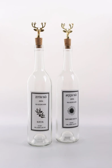 Jenisa Altın Geyik Akıtmaz Tıpalı Dibi Çukur Şeffaf Cam Şişe 2'li 750 Ml Yağdanlık Yağlık - 2