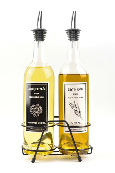 Jenisa 750 ml 2'li Yağlık Seti  Çelik Akıtmaz Tıpalı Standlı Şeffaf Cam Yağdanlık - Siyah Beyaz