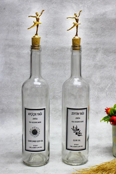 Jenisa 2 Adet Altın Balerin Figürlü Mantar Tıpalı Yağdanlık Yağlık Etiketli Yağlık 750ml