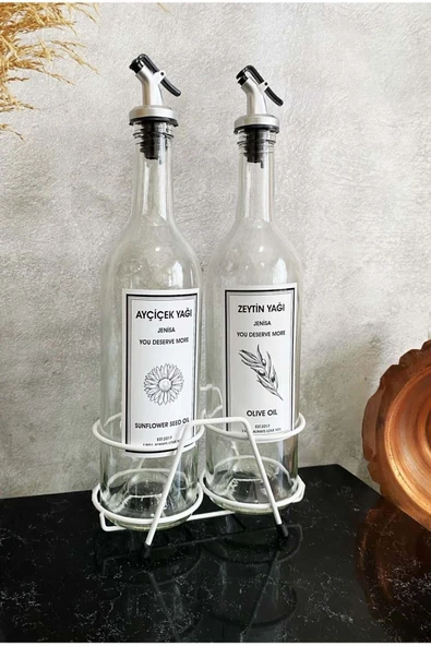 Jenisa Beyaz Standlı Akıtıcılı Şeffaf 750 Ml Beyaz Etiketli Yağlık Yağdanlık - 3