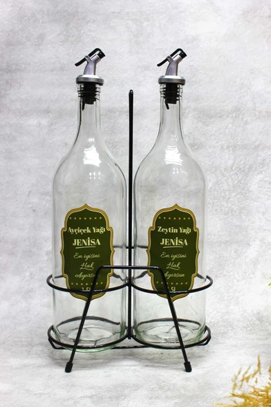 Jenisa 2 Adet Akıtmaz Stantlı Şeffaf Cam 1500ml Etiketli Yağlık Yağdanlık ürün görseli 1