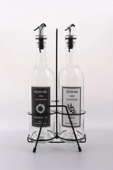 Jenisa 2'li 750 Ml Zeytinyağı Sıvıyağ Şişesi Cam Yağdanlık Siyah Stantlı Akıtıcılı Yağlık 750ml - 2