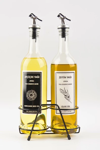 Jenisa Şeffaf 750 Ml Siyah Beyaz Etiketli Siyah Standlı Akıtıcılı Yağlık Yağdanlık ürün görseli 1