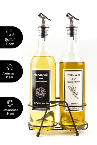 Jenisa Şeffaf 750 Ml Siyah Beyaz Etiketli Siyah Standlı Akıtıcılı Yağlık Yağdanlık - Resim 2