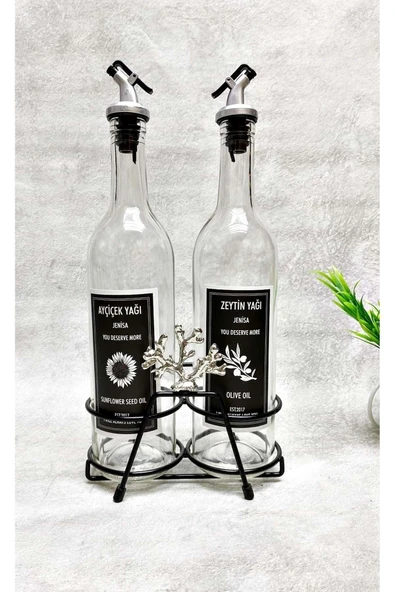 Jenisa Gümüş Mercan Kısa Stant 2 Adet Şeffaf 750 Ml Etiketli Akıtıcılı Yağdanlık Yağlık - 4