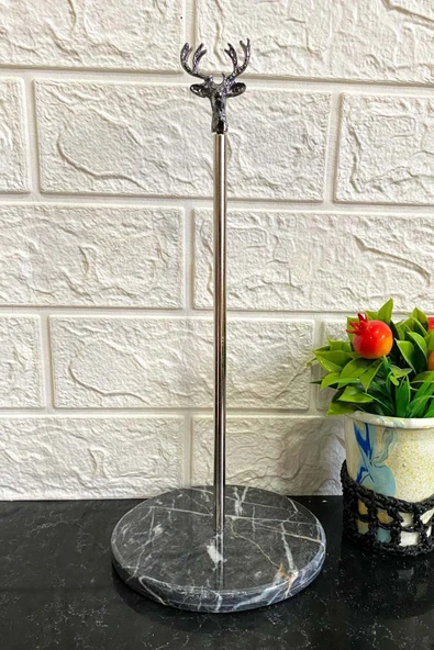 Jenisa Siyah Yuvarlak Mermer Siyah Geyik Aksesuarlı Dekoratif Rulo Kağıt Havluluk - 2