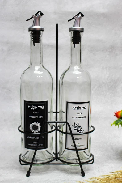 Jenisa 2'li 750 Ml Zeytinyağı Sıvıyağ Şişesi Cam Yağdanlık Siyah Stantlı Akıtıcılı Yağlık 750ml - 4