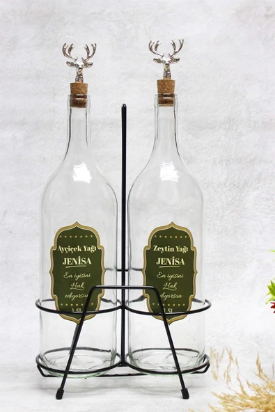 Jenisa 2 Adet Gümüş Geyik Tıpalı Stantlı Şeffaf Cam 1500ml Etiketli Yağlık Yağdanlık