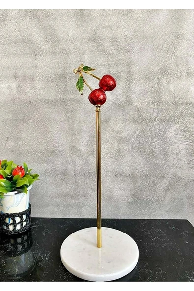 Jenisa Beyaz Yuvarlak Mermer Altın Kırımızı Kiraz Aksesuarlı Dekoratif Rulo Kağıt Havluluk - 2