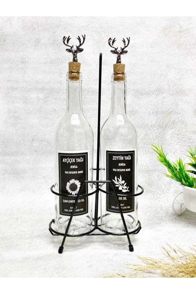 Jenisa Geyik Mantar Tıpalı Şeffaf Cam Şişe 750 Ml Ve Siyah Stant Siyah Etiket Yağdanlık - Resim 2