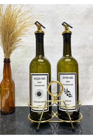 Jenisa Altın Standlı Yuvarlak Figürlü 750Ml Yeşil Amber Şişe Altın Akıtıcılı Etiketli Yağlık Yağdanlık - 2