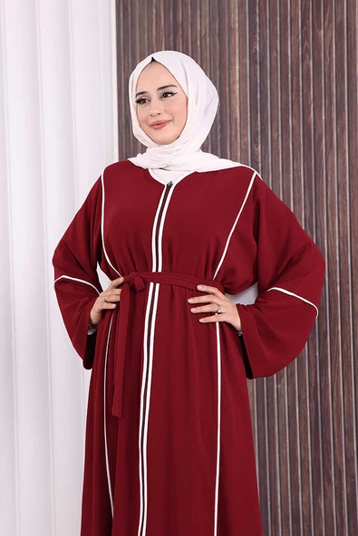 Çizgi Desenli Önü Boydan Fermuarlı Bel Kuşaklı Ferace 7885 Bordo - Resim 6