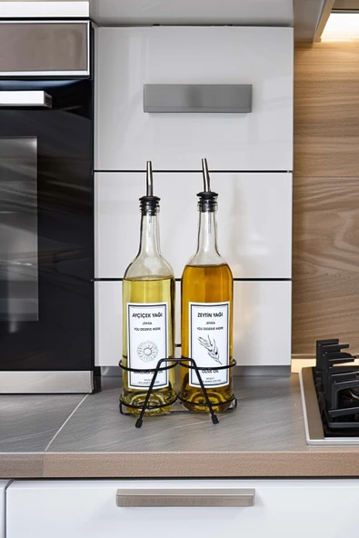 Jenisa 750 ml 2'li Yağlık Seti  Çelik Akıtmaz Tıpalı Standlı Şeffaf Cam Yağdanlık - Beyaz - Resim 2