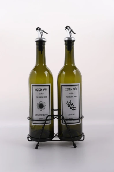 Jenisa Paslanmaz Demir Stantlı 2'li 750 Ml Damlatmaz Başlıklı Yağdanlık Amber Cam Yağlık - 4