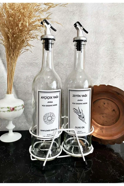 Jenisa Beyaz Standlı Akıtıcılı Şeffaf 750 Ml Beyaz Etiketli Yağlık Yağdanlık - 6