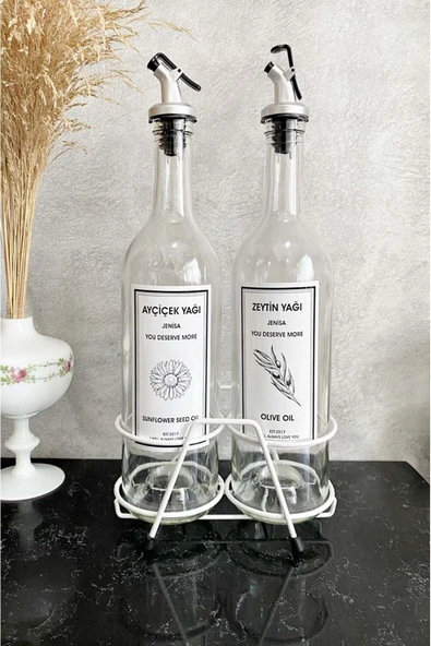 Jenisa Beyaz Standlı Akıtıcılı Şeffaf 750 Ml Beyaz Etiketli Yağlık Yağdanlık - 2