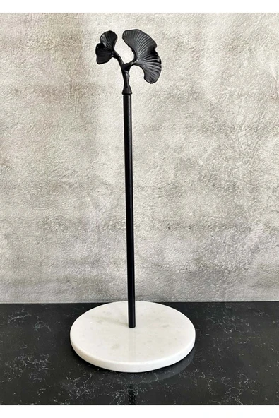 Jenisa Beyaz Yuvarlak Mermer Siyah Ginkgo Aksesuarlı Dekoratif Rulo Kağıt Havluluk - Resim 2