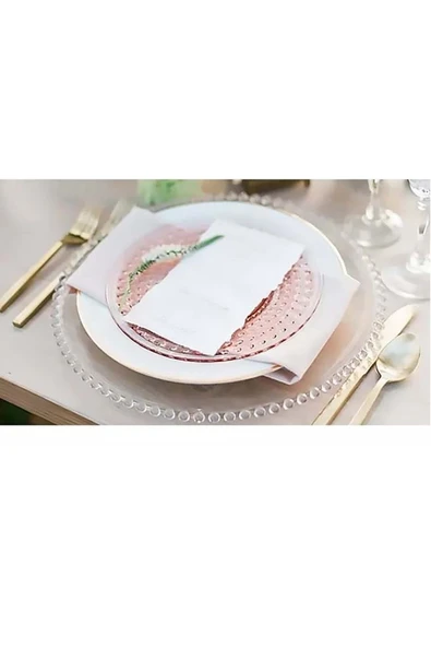 Jenisa Cam El Yapımı Boncuk Detaylı Cam Supla Servis Tabağı 1 Adet 34 Cm