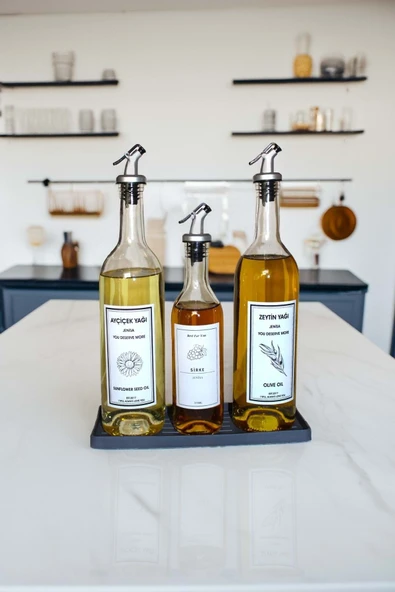 Jenisa Gri Silikon Standlı Akıtıcılı Şeffaf 750 Ml ve 375 Ml Etiketli Yağlık Yağdanlık - Resim 2