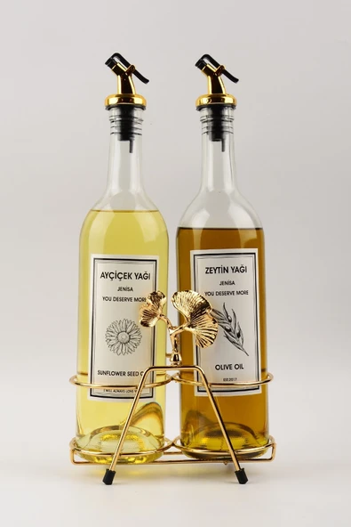 Jenisa Altın Standlı Ginkgo Figürlü 750Ml Şeffaf Şişe Altın Akıtıcılı Etiketli Yağlık Yağdanlık - 3