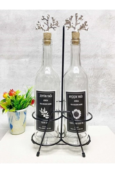 Jenisa Gümüş Mercan Mantar Tıpalı Şeffaf Cam Şişe 750 Ml Ve Siyah Stant Siyah Etiket Yağdanlık - 2