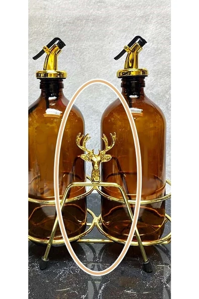 Jenisa Altın Standlı Geyik Figürlü 500Ml Amber Şişe Altın Akıtıcılı Yağlık Yağdanlık - Resim 2