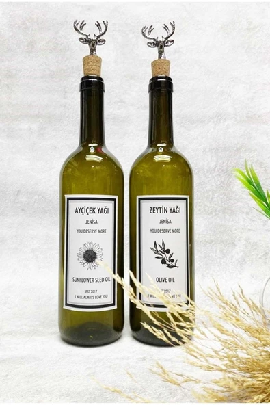 Jenisa 2 Adet Siyah Geyik Mantar Tıpalı Yeşil 750 Ml Şişe Beyaz Etiket Yağlık Yağdanlık