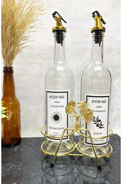Jenisa Altın Standlı Ginkgo Figürlü 750Ml Şeffaf Şişe Altın Akıtıcılı Etiketli Yağlık Yağdanlık - 2