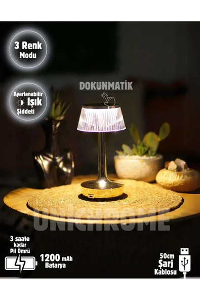 3 Işık Renkli Şarjlı Masa Lambası Dim Edilebilir Gold Metal Görünümlü Gece Lambası B80