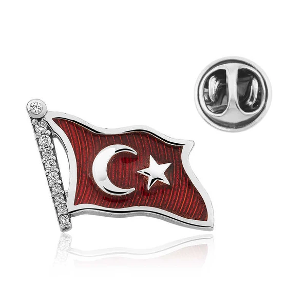 Özel Kutu ve Gümüş Bezi İle Gümüş Türk Bayrağı Rozet