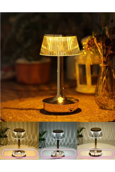 3 Işık Renkli Şarjlı Masa Lambası Dim Edilebilir Gold Metal Görünümlü Gece Lambası B80 - 4