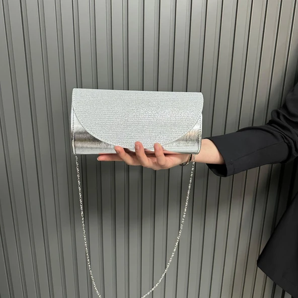 Simli Abiye Bayan Çanta 23x12cm Gümüş AB0202 - Resim 2