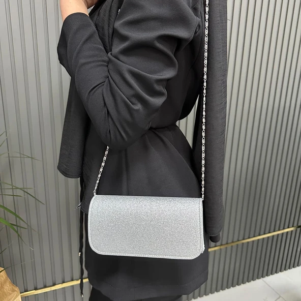Simli Abiye Bayan Çanta 19x10cm Gri AB0503