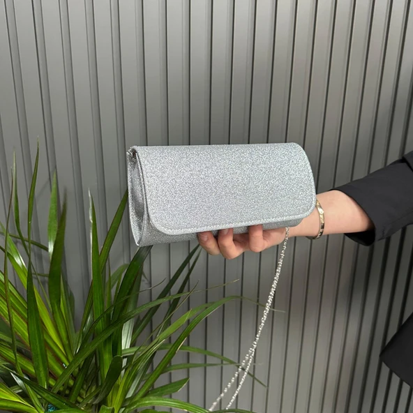 Simli Abiye Bayan Çanta 19x10cm Gri AB0503 - Resim 2