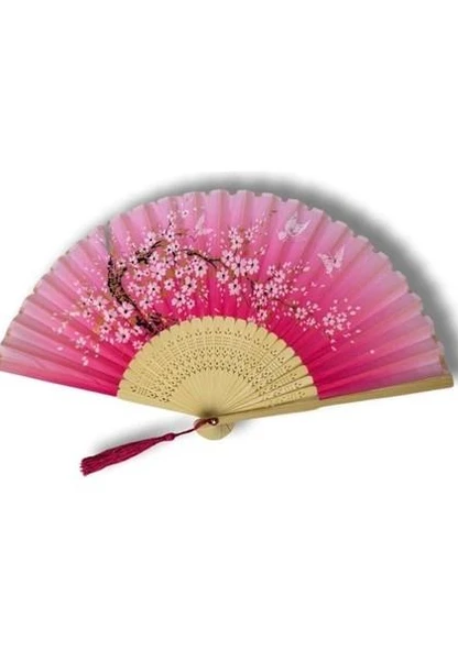 Beluga Yelpaze Bambu Kumaş Serinletici Vintage Pembe Bahar Dalı Şık Dekorasyon Püsküllü Japon Yelpaze 0426 - 3