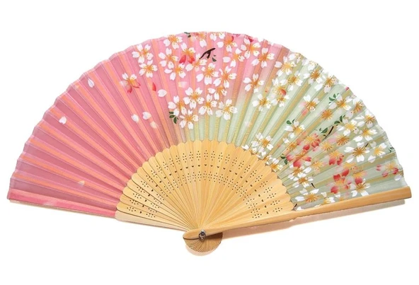 Beluga Yelpaze Bambu Kumaş Serinletici Vintage Pembe/Yeşil Çiçekli Şık Dekorasyon Püsküllü Japon Yelpaze 0402 - 2