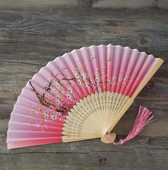 Beluga Yelpaze Bambu Kumaş Serinletici Vintage Pembe Bahar Dalı Şık Dekorasyon Püsküllü Japon Yelpaze 0426 - 2