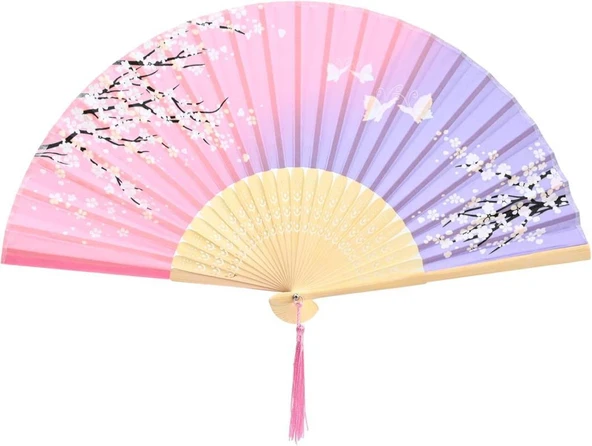 Beluga Yelpaze Bambu Kumaş Serinletici Vintage Pembe/Lila Bahar Dalı Şık Dekorasyon Püsküllü Japon Yelpaze 0235 - 3