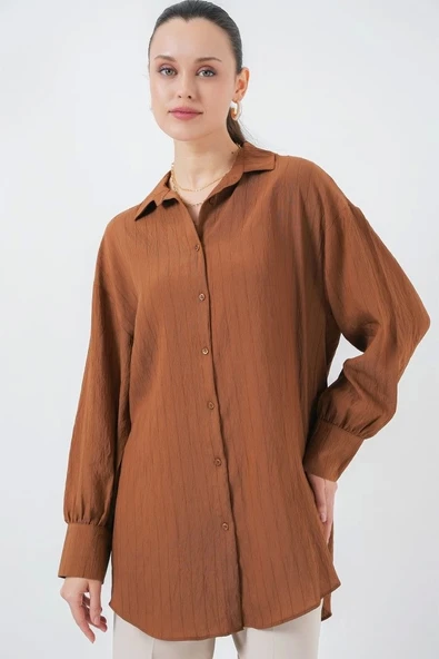 Çizgili Uzun Gömlek Tunik 5963 - Kahverengi ürün görseli