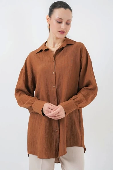 Çizgili Uzun Gömlek Tunik 5963 - Kahverengi - Resim 3