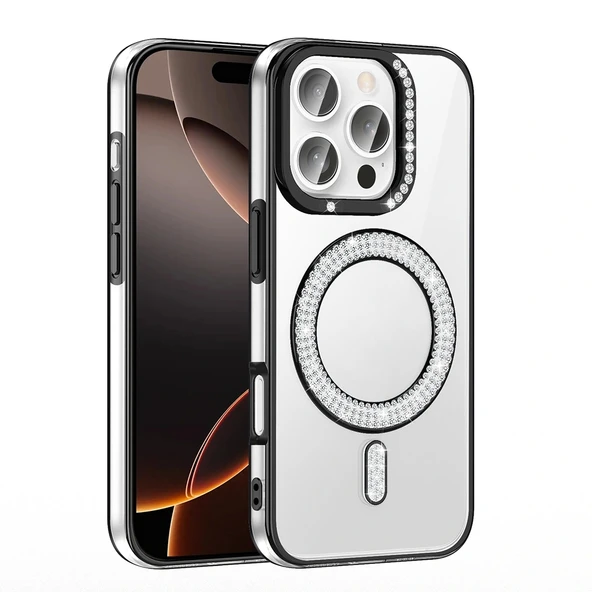 Apple iPhone 16 Pro Max Kılıf Pırlanta Taş Tasarımlı Magsafe Şarj Özellikli Redclick Karetta Silikon Kapak - Resim 10