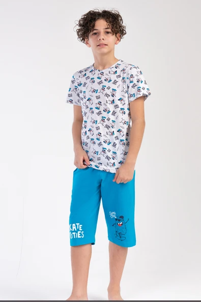 ERKEK ÇOCUK KAPRİLİ PİJAMA TAKIMI PAMUK ÇİZGİLİ BASKILI A6 - Resim 4