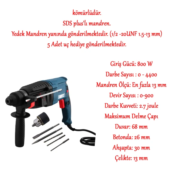 Sds Plus Darbeli Matkap 800 W Metal Beton Ahşap Kömürlü Delme Kırıcı Delici 2.7 Joule Pnömatik - 2