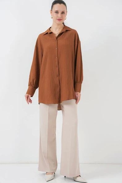 Çizgili Uzun Gömlek Tunik 5963 - Kahverengi - Resim 2