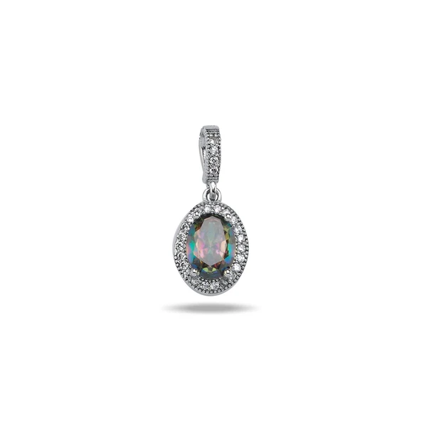 Özel Kutu ve Gümüş Bezi İle Mistik Topaz Oval & Zirkon Taşlı Halo Tektaş Kolye Ucu